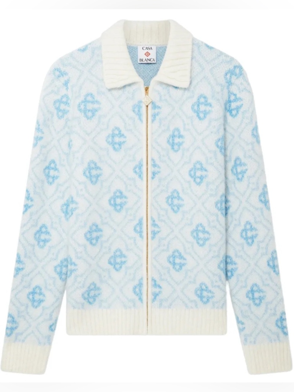 Casablanca Monogram zipped up cardigan sweater blue ivory NWT